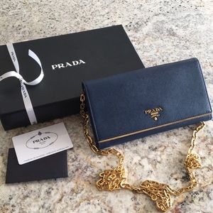Prada navy blue saffiano wallet on chain